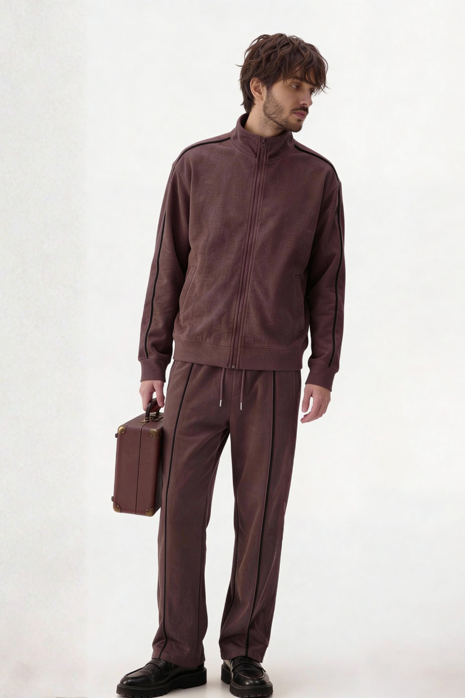 ND CITY™ Brown Textured Regular Fit Mock Neck Zipper